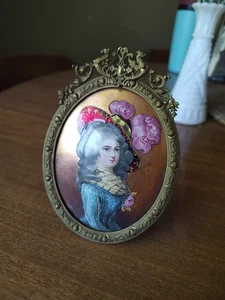 Antique Enamel Painting Miniature Brass Ornate Oval Easel Fabric - Picture 1 of 8