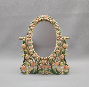 Vintage Tabletop Oval Shape Vanity Mirror Jeweled Floral Design Frame 9" - Imagen 1 de 19