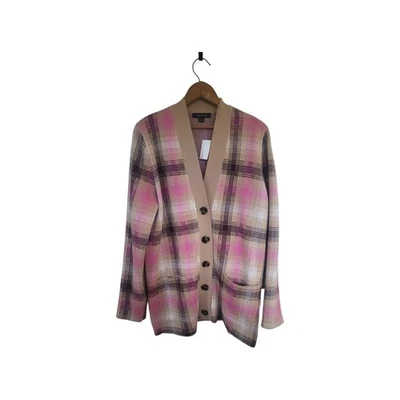 NWT Ann Taylor Preppy Tan & Pink Plaid Boyfriend Cardigan L - Image 1 of 4