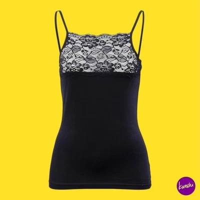 Top camisero de algodón para mujer MARIA ANGEL, cuello ribete de encaje, negro, UK XL Foto 1 de 3