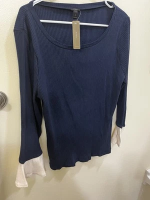 J. CREW Mujer Azul Marino Crema Acanalado Manga Campana Elástica Talla XL Foto 1 de 4