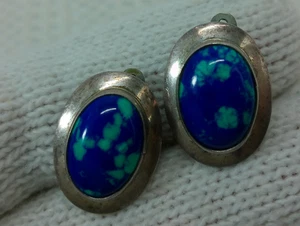 Vtg Sterling Silver Blue Azurite Oval Bezel Set Clip On Southwestern Earrings - Picture 1 of 15