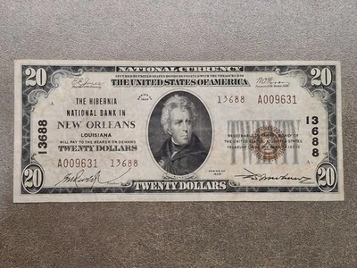 1929 $20 Ty 2 Hibernia NB en Nueva Orleans Louisiana moneda nacional Ch #13688 Foto 1 de 4