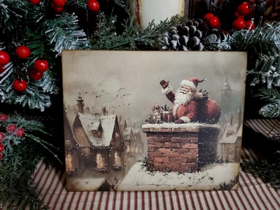 DARLING OLD PRIMITIVE COLONIAL VINTAGE STYLE CHRISTMAS SANTA IN CHIMNEY SIGN - Image 1 of 4