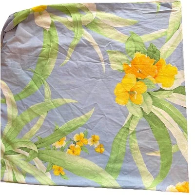 Vintage 1970s Fieldcrest Twin Fitted Sheet Hawaiian Yellow Flowers Hibiscus Blue - Image 1 of 4