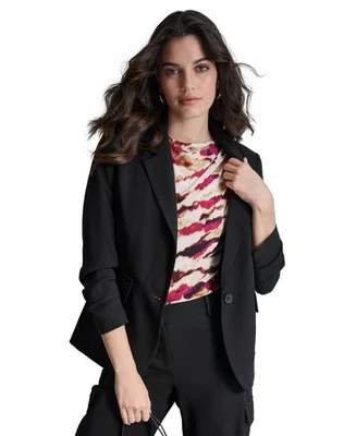 DKNY Petite Single-Button Ruched-Sleeve Blazer Women's 2P Black Notch Lapel~ - Image 1 of 4