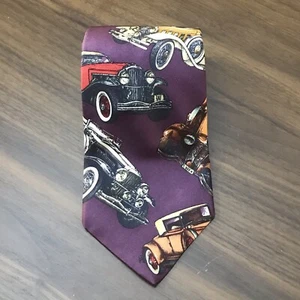 ROBERT TALBOTT  Made In USA Red 100% Silk Tie Vintage Classic Cars - Picture 1 of 9
