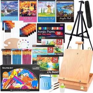 Shuttle Art 65 Pack Acrylic Paint Set with Wooden Table Top Easel Box, Mixed Med - Picture 1 of 9