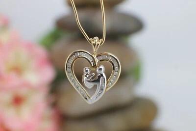 Solid 10K Yellow & White Gold Diamond Mother & Child Pendant Love Heart 0.23ct - Image 1 of 4