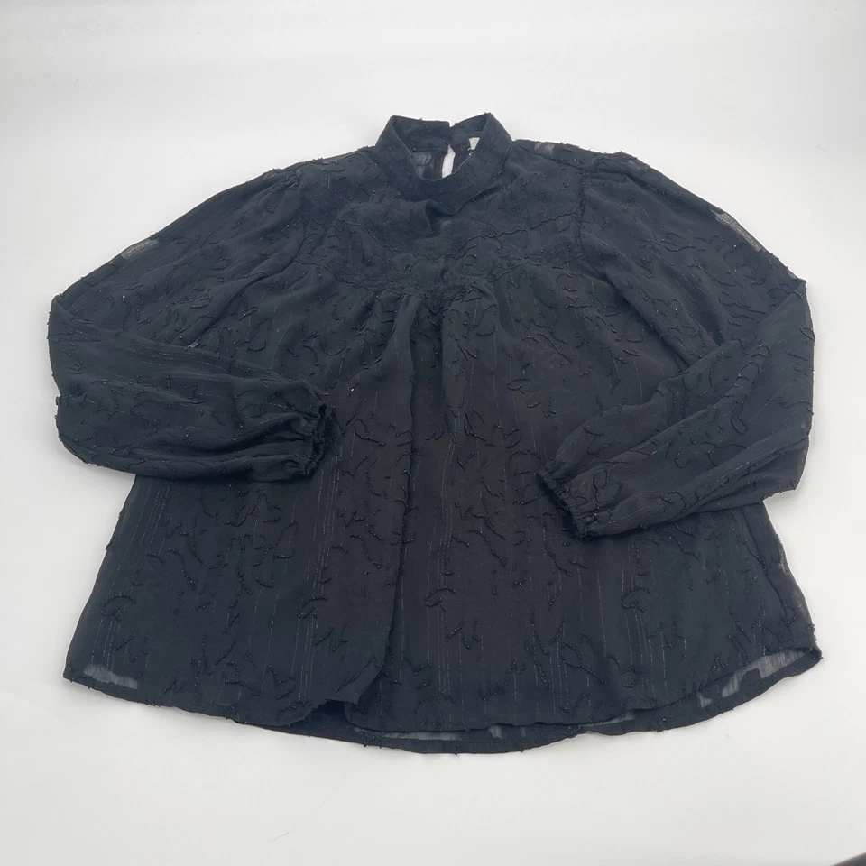 Blusa de sombra de ojos para mujer XS negra bordada metálica brillante informal cuello alto Foto 1 de 4