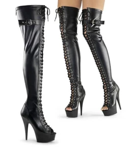 Pleaser USA Delight-3025 Negro Pu/Estera Frontal con Cordones Muslo Bota Alta UK5 EN STOCK - Imagen 1 de 4