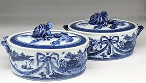 ONE Mottahedeh Blue Canton Covered Oval Casserole Vegetable Bowl - Picture 1 of 7