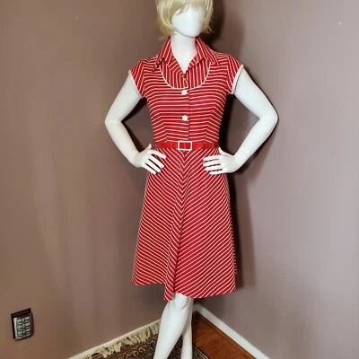 Винтажный красный и белый полоски doubleknit платье с красный пояс размер M - Изображение 1 из 4