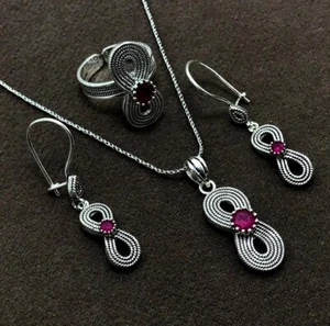 Handmade Triple Jewelry Set Made of Sterling Silver, Necklace, Earrings, Ring - Picture 1 of 1