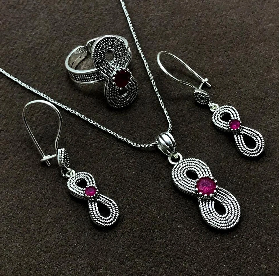 Handmade Triple Jewelry Set Made of Sterling Silver, Necklace, Earrings, Ring - Image 1 of 1