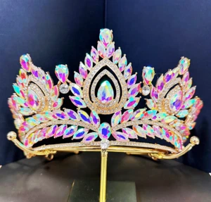 Quinceanera Crown, Rhinestone Crown, Large Crown, AB Crystal Crown, Gold Crown - Picture 1 of 6