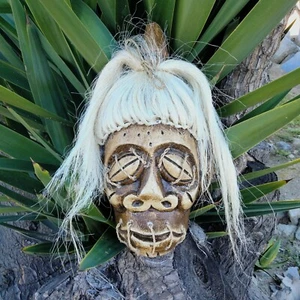 Shrunken Head Tiki Voodoo Mask Wooden Wall Plaque Tropical Bar 12"