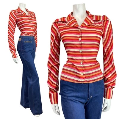 VINTAGE 60s 70s PINK RED GOLD STRIPED MOD DAGGER COLLAR SHIRT 8 - Image 1 of 4