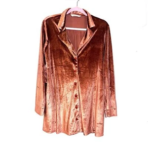 Rokoko Rose Gold Womens Blouse Size Medium Velvet Button Front Pleated Stretch - Picture 1 of 9