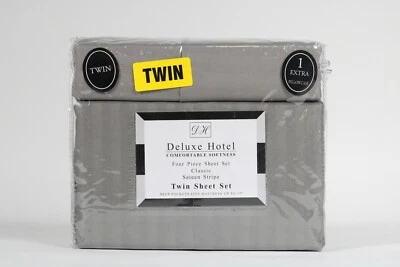 Deluxe Hotel 4-Piece Bed Sheet Set - Dobby Stripe - microfiber  Sateen Gray - Image 1 of 4