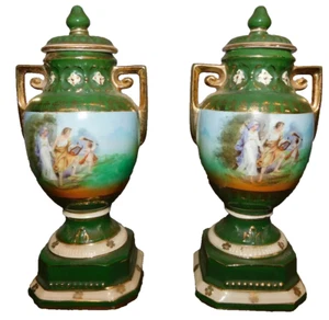 Urns, Pair, Paint Decorated Czechoslovakia, Covered, Green, Restored Tops, Decor - Picture 1 of 6