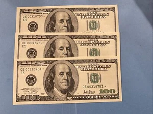 2001 (3) CONSECUTIVE $100 Dollar UNCIRCULATED STAR NOTES very crispy - Picture 1 of 3