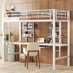 Hochbett Metall Kinderbett Jugendbett 90x200 mit Schreibtisch und Bücherregalen - Bild 1 von 11