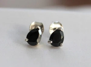 2CT Pear Lab Created Black Diamond Solitaire Stud Earring 14k White Gold Plated - Picture 1 of 3