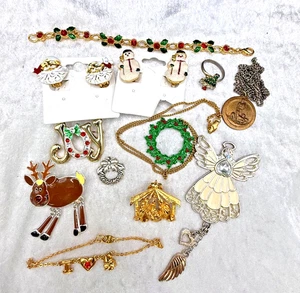 Vintage Weihnachtsschmuck Konvolut Armband Ohrringe Halskette Brosche Ring Engel Freude - Bild 1 von 24