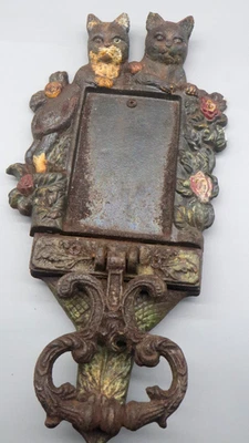 🐾 RARE Antique Cast Iron Cat Door Knocker Painted Victorian Floral Cats Decor - Image 1 of 4