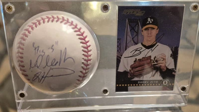Tim Hudson/Mark Mulder Firmado MLB Béisbol en Pelota/Tarjeta Portatarjetas con Zito Automático Foto 1 de 3