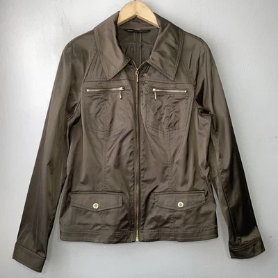 White House Black Market Jacket Size Large Olive Green Satin Moto Glam Utility - Image 1 of 4