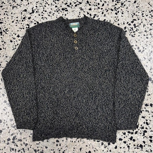 VINTAGE 80S 90S OUTFITTERS MADE IN USA HENLEY STYLE SWEATER with black, gray, and cream textured knit.