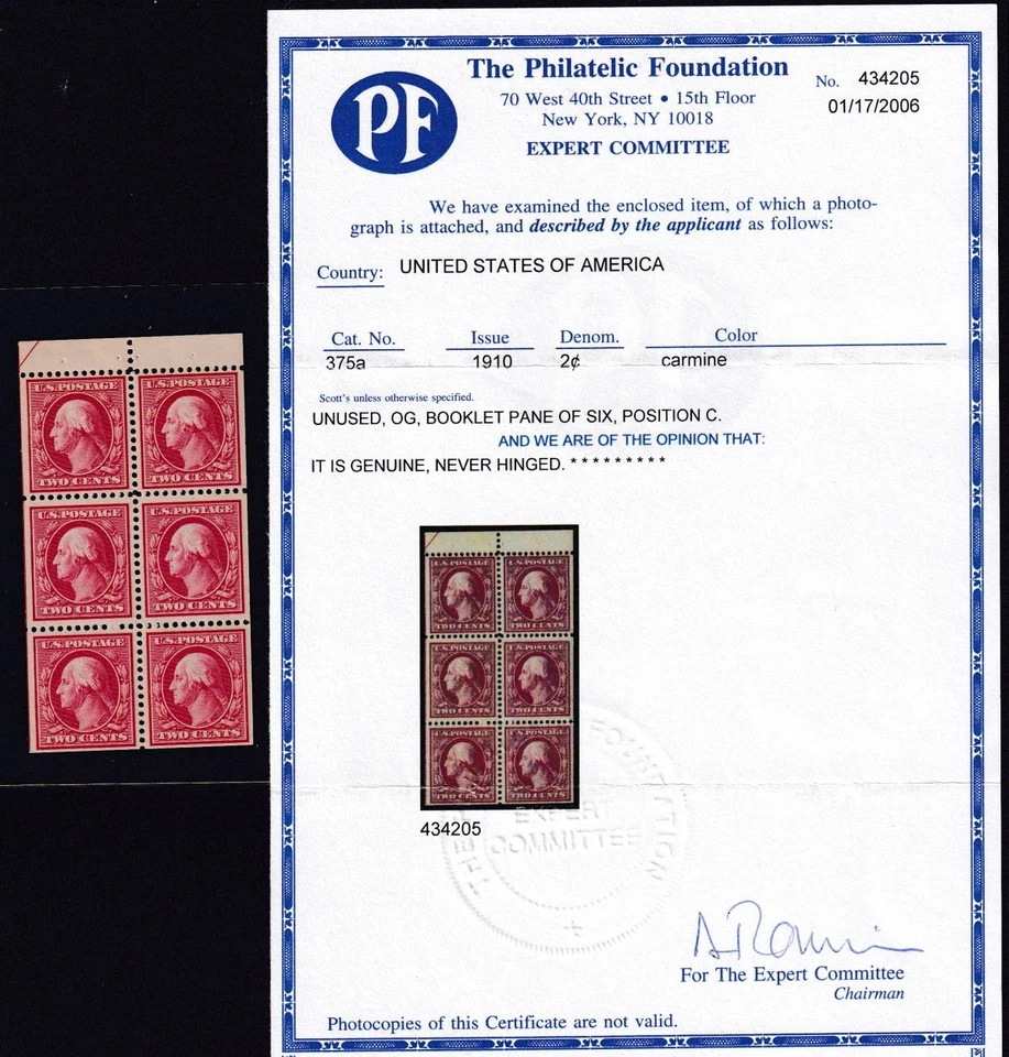 1910 Washington Sc 375a MNH booklet pane VF-XF Position C with PF Cert (LR - Image 1 of 2