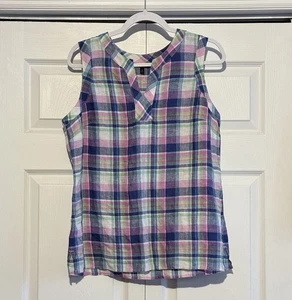 Talbots Women’s Madras Plaid Linen Tank Split Neck Medium NWOT - Picture 1 of 5