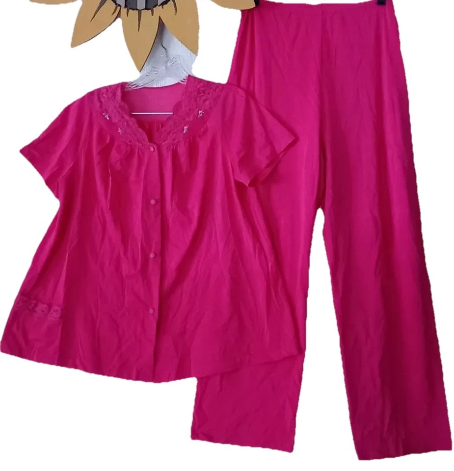 Conjunto de Top y Pantalones de Pijama Vintage Shadow Line Rosa Caliente Nylon Sedoso Sissy Shadowline Foto 1 de 4