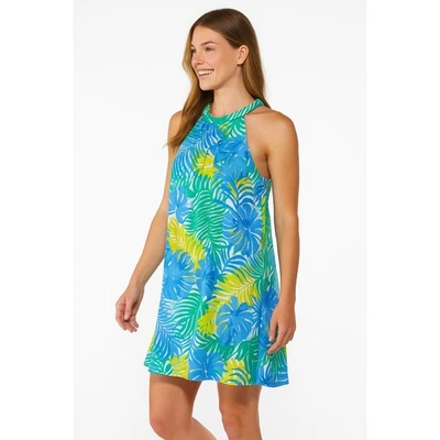 泥派蓝色绿色热带花卉秋千风格游泳遮盖叶子印花大号 — 第 1/4 张图片