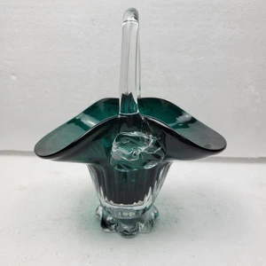 Cesto in vetro smeraldo soffiato a mano con manico trasparente applicato vaso decorazione - Foto 1 di 8