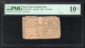 NY-158 APRIL 21, 1760 £2 TWO POUNDS NEW YORK COLONIAL NOTE PMG VERY GOOD-10 - Picture 1 of 2