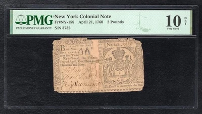 NY-158 APRIL 21, 1760 £2 TWO POUNDS NEW YORK COLONIAL NOTE PMG VERY GOOD-10 - Image 1 of 2