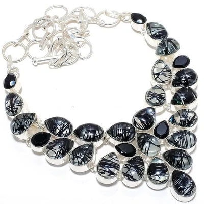 Nero Rutilo Quarzo, Onice Gemma 925 Argento Sterling Gioielli Collana - Immagine 1 di 4