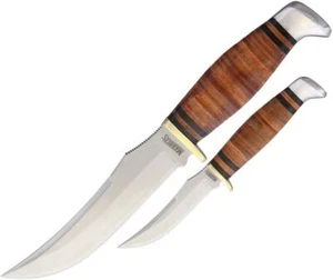 2 Marbles Fixed Knife Hunting Blade Set Stacked Dual Handle Leather + Sheath - Picture 1 of 6