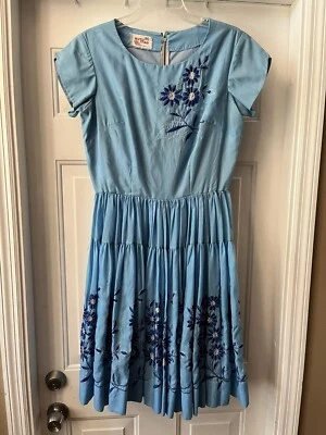 Vestido Floral Bordado Vintage Años 70 Hecho a Mano Azul Pradera Hippie BOHO Festival Foto 1 de 4