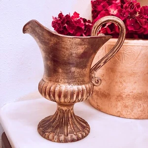 Antique Italian Hand Painted Gold Majolica Red Clay Art Pottery Pitcher Vase - Picture 1 of 4