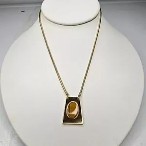 Vintage A&Z 1/2 Gold Tone Snake Chain Rectangle Tiger's Eye Pendant Necklace - Picture 1 of 4