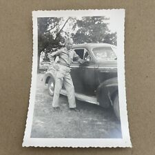 Vtg Snapshot Photo Serviceman in Uniform Posed With Chevrolet Roadster
