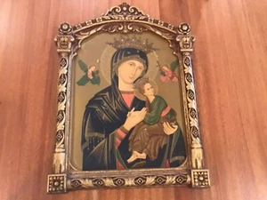 ICONO RARO 1938 J S PALUCH S MARIA DE PERPETUO SUCCURSU MADERA TALLADA MARCO DORADO - Imagen 1 de 12