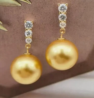 Bonitos Pendientes Colgantes AAAA 12mm Perfectos Redondos Oro Mar del Sur Concha Perla Foto 1 de 4