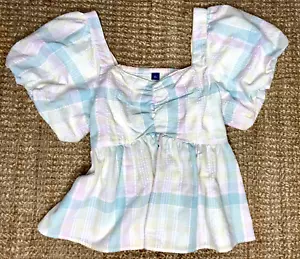 Old Navy Short Puff Sleeve Square Neck Boho Crop Top Plaid Pastels LT Festivals - Picture 1 of 7