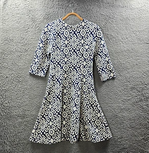 Zara Womens A-line Dress Size L Blue Ivory Paisley Textured Stretch Knit - Picture 1 of 14